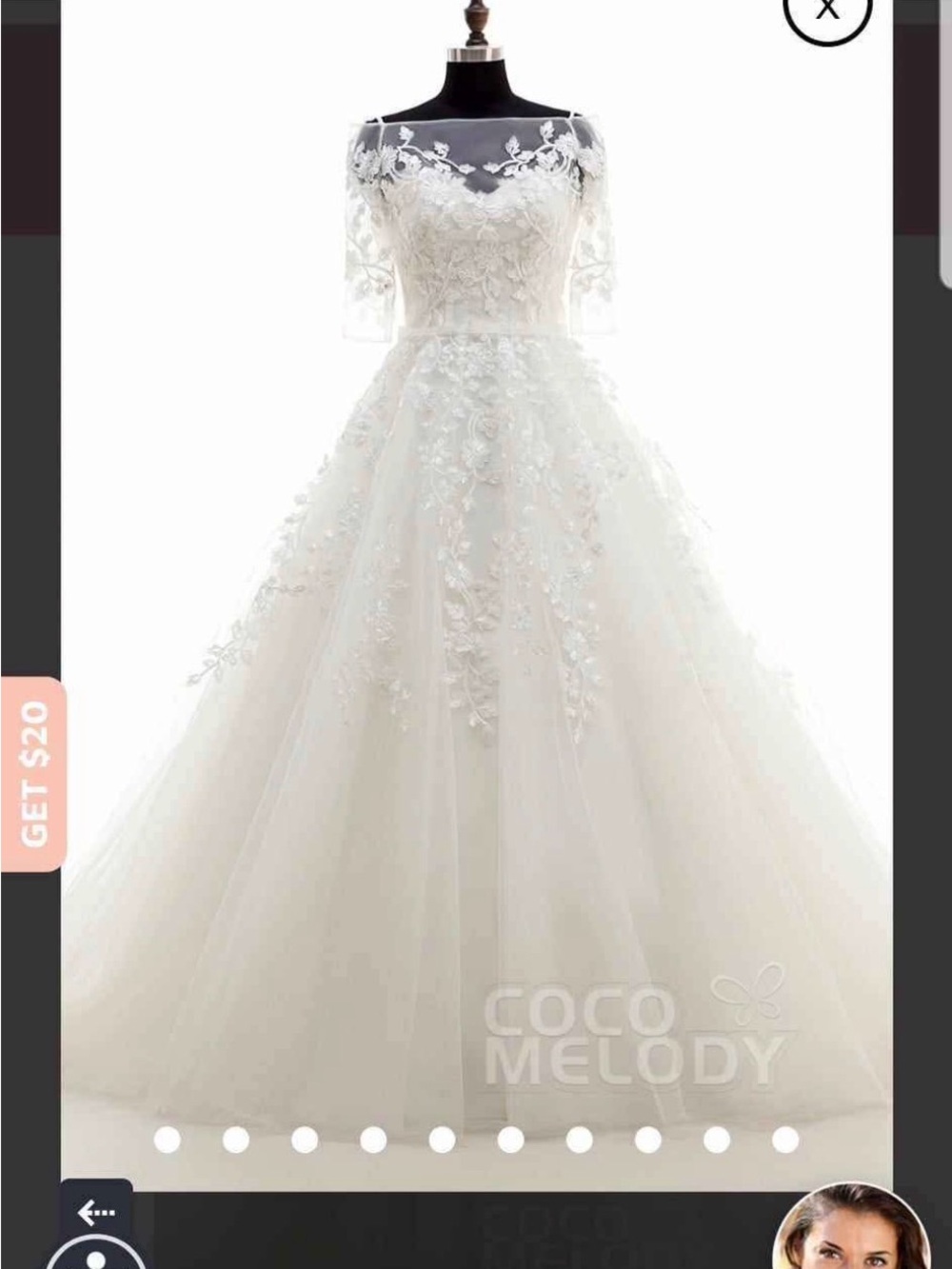 Coco Melody Ivory Lace Applique Ball Gown Wedding Dress with Removable Coverlet